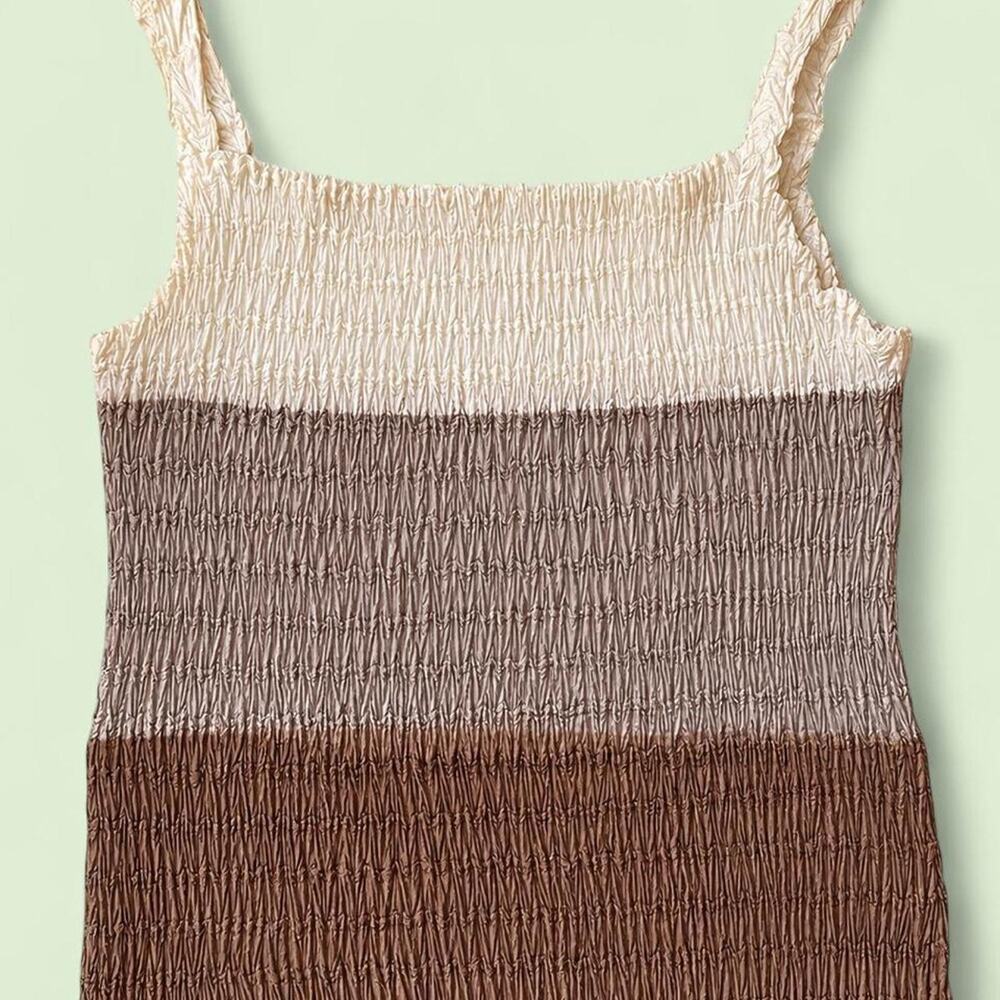 Womens Colorblock Smocked Tank Top Textured Crinkle Sleeveless Brown Cream Taupe
